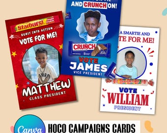 10 Candy Card Campaign Treat Bundle, Homecoming Campaign Candy Tags,Class campaign student council,Vote 4 me,canva template digital download