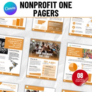 Könnte beinhalten: Eine Sammlung orangefarbener und weißer Canva-Vorlagen für gemeinnützige Organisationen. Die Vorlagen enthalten Diagramme, Infografiken und Text mit den Worten "NONPROFIT ONE PAGERS" oben. Die Vorlagen sind für Fundraising und Community-Engagement konzipiert.