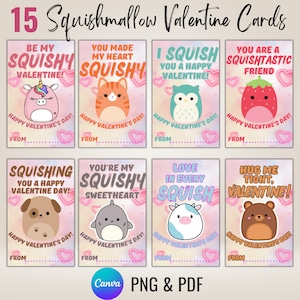 15 Squishmallow Valentinstagskarten, Squishy Valentinstagskarten, Squishmallow Partykarten für Kinder, Canva Editable + Print Template Instant Download