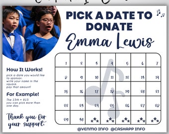 Editable Fundraising Calendar, Pick a Date Donation Choir Calendar Fundraiser Template US Letter Size Canva Template Digital Download