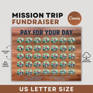 Calendário editável de arrecadação de fundos para viagens missionárias, escolha uma data para doar, arrecadação de fundos para o calendário Chruch, pague pelo seu dia, calendário de arrecadação de fundos para missões