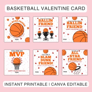 Tarjeta de San Valentín de baloncesto, plantilla de tarjetas de baloncesto para San Valentín imprimibles en Canva, tarjeta de San Valentín de deportes para niños, descarga digital/instantánea