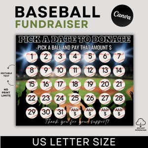 Kalendarz zbiórki funduszy na baseball, edytowalny Wybierz datę, aby przekazać darowiznę Kalendarz zbiórki funduszy na baseball, 2025 Szablon Canva zbiórki funduszy na baseball