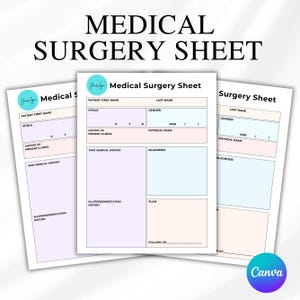 Op de afbeelding: Drie medische operatiebladen met een lichtblauwe, lavendel- en perzikkleurige kleurstelling. De bladen hebben secties voor patiëntinformatie, medische geschiedenis en diagnose. De tekst "MEDICAL SURGERY SHEET" staat bovenaan.