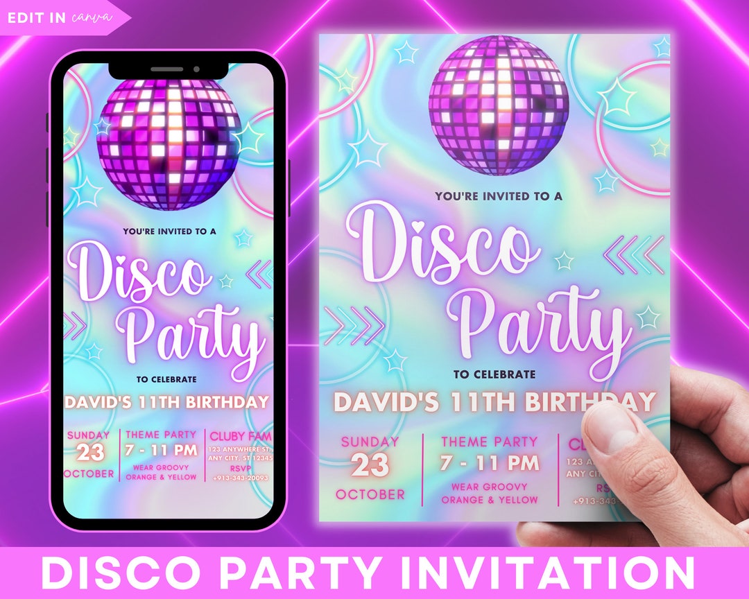 Disco Party Birthday Invitation, Disco Invitation, Unicorn Neon Glow
