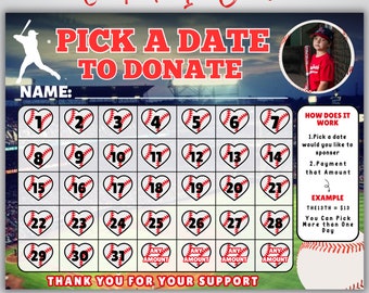 Baseball Fundraiser Calendar 2025, Pick a Date To Donate Fundraiser, Baseball Fundraiser Template 11x8.5, Cash Calendar, Canva Template