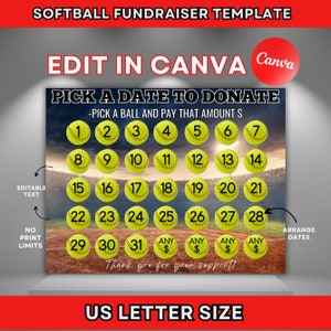 Softball Calendar Fundraiser, Calendar Fundraiser, Pick a Date to Donate, Pay the Date, Pay the Date Template Custom Softball Template