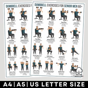 Op de afbeelding: Een witte poster getiteld DUMBBELL EXERCISES FOR SENIOR MEN 60+ met geïllustreerde figuren die verschillende oefeningen met dumbbells uitvoeren. De kaart bevat tekstlabels voor bewegingen zoals overhead press, bicep curl en squat, met A4, A5, US LETTER SIZE.