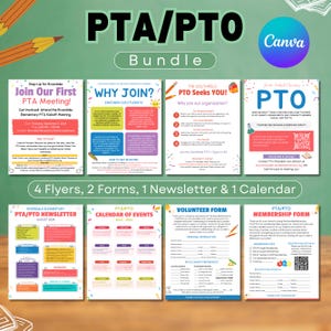 Peut inclure: Un lot imprimable coloré pour les organisations de PTA/PTO. Le lot comprend des dépliants, des formulaires, un bulletin d'information et un calendrier. Les dépliants présentent des couleurs vives et des graphismes amusants. Les formulaires sont destinés au bénévolat et à l'adhésion. Le bulletin d'information est un design simple avec un calendrier des événements. Le calendrier est une grille avec des mois et des dates.