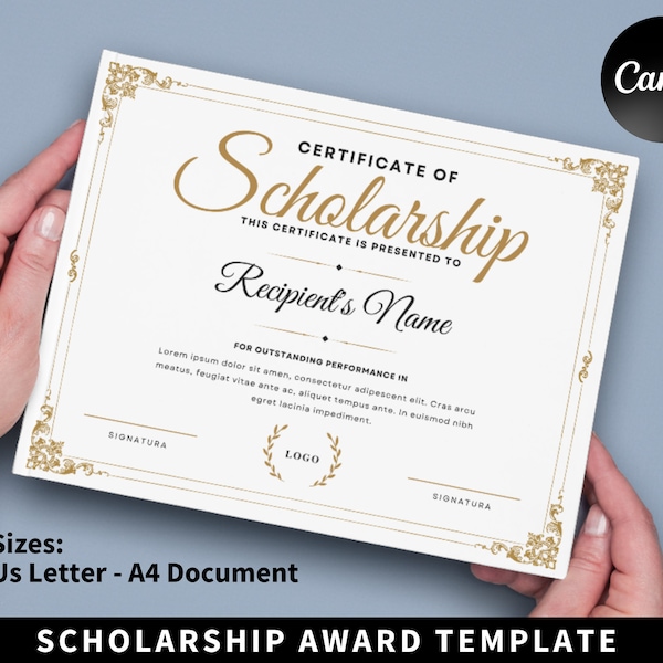 Editable Scholarship Award Template, School Award Certificate, Printable in 2 Sizes, Modern Design, Add Your Logo, For Achievement