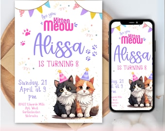 Kitty Cat Birthday Invitation, Editable Purrfect Party Invitation Template, Kitten Birthday Party Invitation Canva Template Instant download