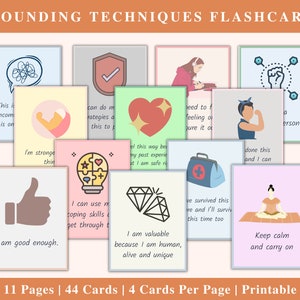 Może przedstawiać: Zestaw 44 drukowanych kart z technikami uziemienia do radzenia sobie z lękiem i stresem. Karty zawierają kolorowe ilustracje i pozytywne afirmacje, takie jak "Jestem wystarczająco dobry" i "Zachowaj spokój i kontynuuj".