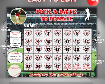 Baseball Fundraiser Calendar 2025, Pick a Date to Donate Fundraising Calendar Baseball, 2025 Baseball Fundraiser Template, Cash Calendar