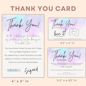 May include: Two different thank you card designs with watercolor backgrounds. The first card is 4 inches by 6 inches and says "Thank You!" with a message about supporting small businesses. The second card is 5.5 inches by 4.25 inches and says "Thank You!" with a message about supporting small businesses and a discount code.
