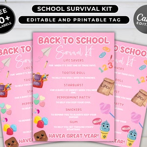 EDITABLE Back To School Survival Kit Gift Tags | Back To School Student Treat Tags | Printable Survival Kit Tags for Students