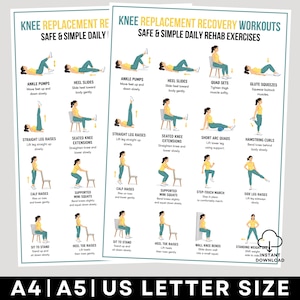May include: A physical therapy poster titled Knee Replacement Recovery Workouts Safe & Simple Daily Rehab Exercises. It features illustrated figures in yellow shirts and teal pants demonstrating various exercises with text instructions for each movement.