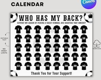 Modello di raccolta fondi per il calcio, "Chi mi sostiene" per la raccolta fondi, Scegli una data per donare al calcio, Raccolta fondi con calendario calcistico Canva, Sponsorizza la mia stagione