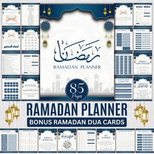 May include: A Ramadan Planner with a navy blue and white design, featuring the text "Ramadan Planner" and "Bonus Ramadan Dua Cards." The planner includes 85 pages with various trackers and logs. Decorative elements include lanterns and floral patterns.