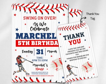 May include: Baseball-themed birthday party invitation with red, white, and blue colors. The invitation features a baseball player, a baseball, and the text "Swing on Over! As We Celebrate Marchel 5th Birthday". The invitation also includes the date and time of the party, the address, and an RSVP request.
