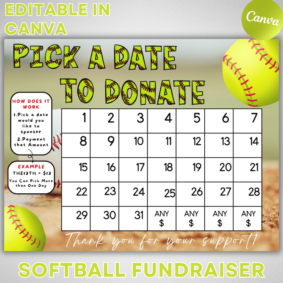 Editable Softball Fundraiser Calendar, Calendar Fundraiser, Pick a Date Editable Softball Fundraiser Calendar, Calendar Fundraiser, Pick a Date
