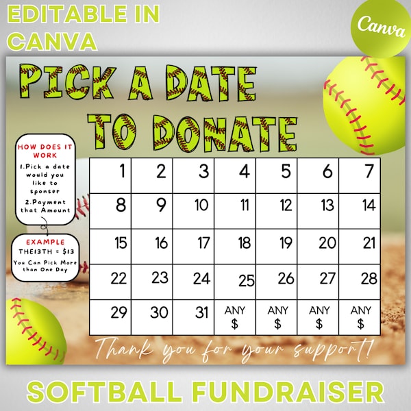 Editable Softball Fundraiser Calendar, Calendar Fundraiser, Pick a Date to Donate, Fundraiser Calendar, Pay the Date, Instant Download