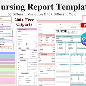 May include: A printable nursing report template in pink, blue, and green. The template includes sections for patient information, medical history, vital signs, skin integrity, medications, and more. The template is editable in Canva and can be downloaded as a PDF.