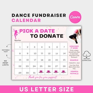 Dance Fundraiser Calendar, Dance Calendar Fundraiser, Pick a Date To Donate, Dance Fundraiser Template, Cash Calendar Fundraiser,Dance Flyer