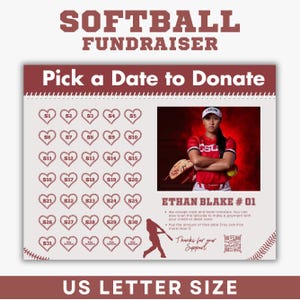 Softball Calendar Fundraiser, Editable Calendar Fundraiser For Softball, Pick a Date Donation Calendar Softball, Canva Template