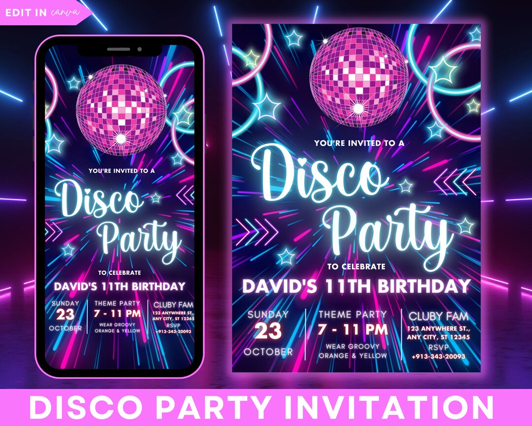 Editable Disco Party Birthday Invitation, Tie Dye Disco Party Invitation, Neon Glow Disco Dance