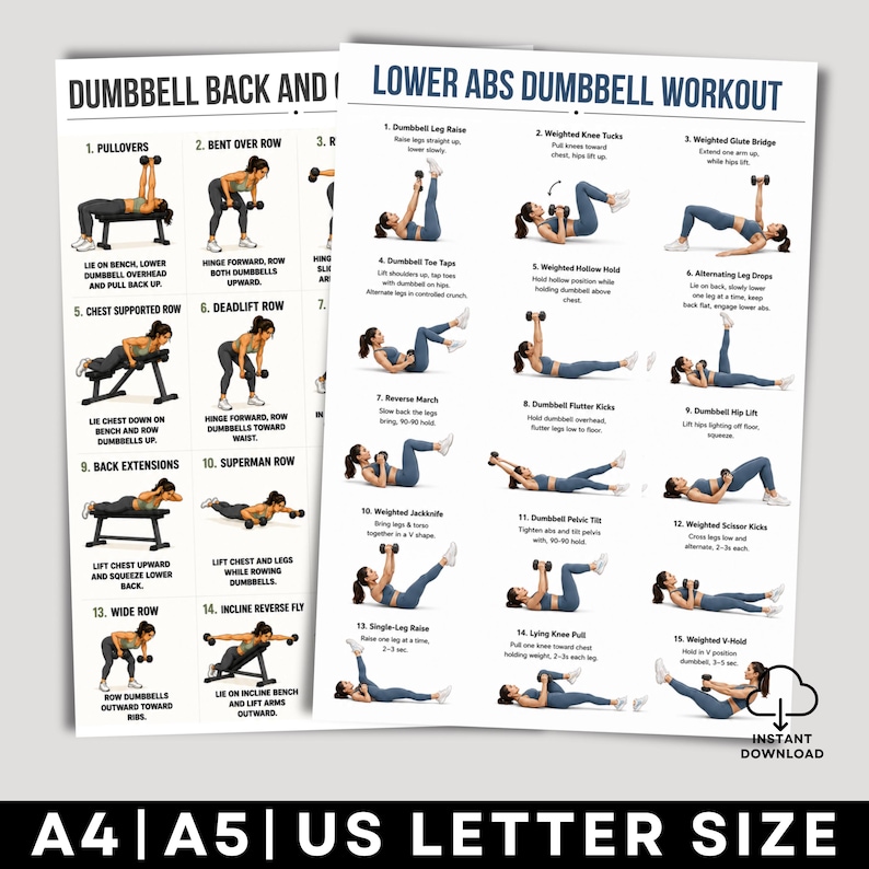 5x Dumbbell Workout Posters Bundle, Printable Home Gym Wall Art, Full ...