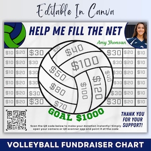 Pode incluir: Gráfico de angariação de fundos de voleibol com um gráfico de voleibol e o texto "Help Me Fill The Net". O gráfico inclui valores de doação de 10€ a 120€, com um objetivo de 1000€. Inclui um código QR.