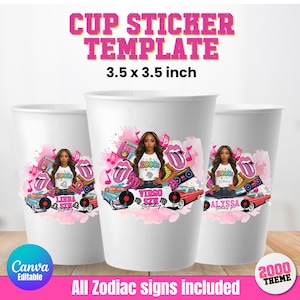 Styrofoam Cup Sticker Template, 2000 theme, All Zodiac Party Cup, Customizable Styrofoam Cup Canva Template, Editable Party Cup Template
