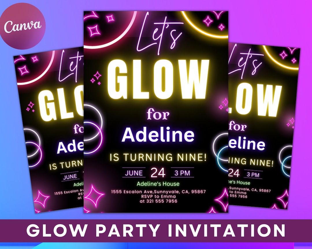 Editable Glow Party Invitation Template, Neon Glow in the Dark Party