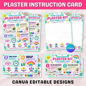 May include: A set of instructional cards for a paint your own plaster kit featuring colorful illustrations of a sun, rainbow, clock, and craft supplies. The text reads Paint Your Own Plaster Kit, Make Paint Smile, and includes numbered steps.