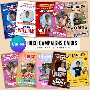Op de afbeelding: Een set van tien kleurrijke campagnekaarten met populaire chocolademerkjes. Elke kaart heeft een foto van een leerling en een slogan. De kaarten zijn ontworpen voor een schoolelection.