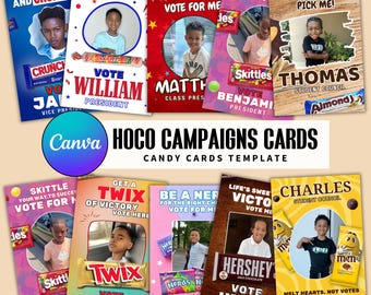 10 Candy Card Campaign Treat Bundle, Homecoming Campaign Candy Tags,Class campaign student council,Vote 4 me,canva template digital download
