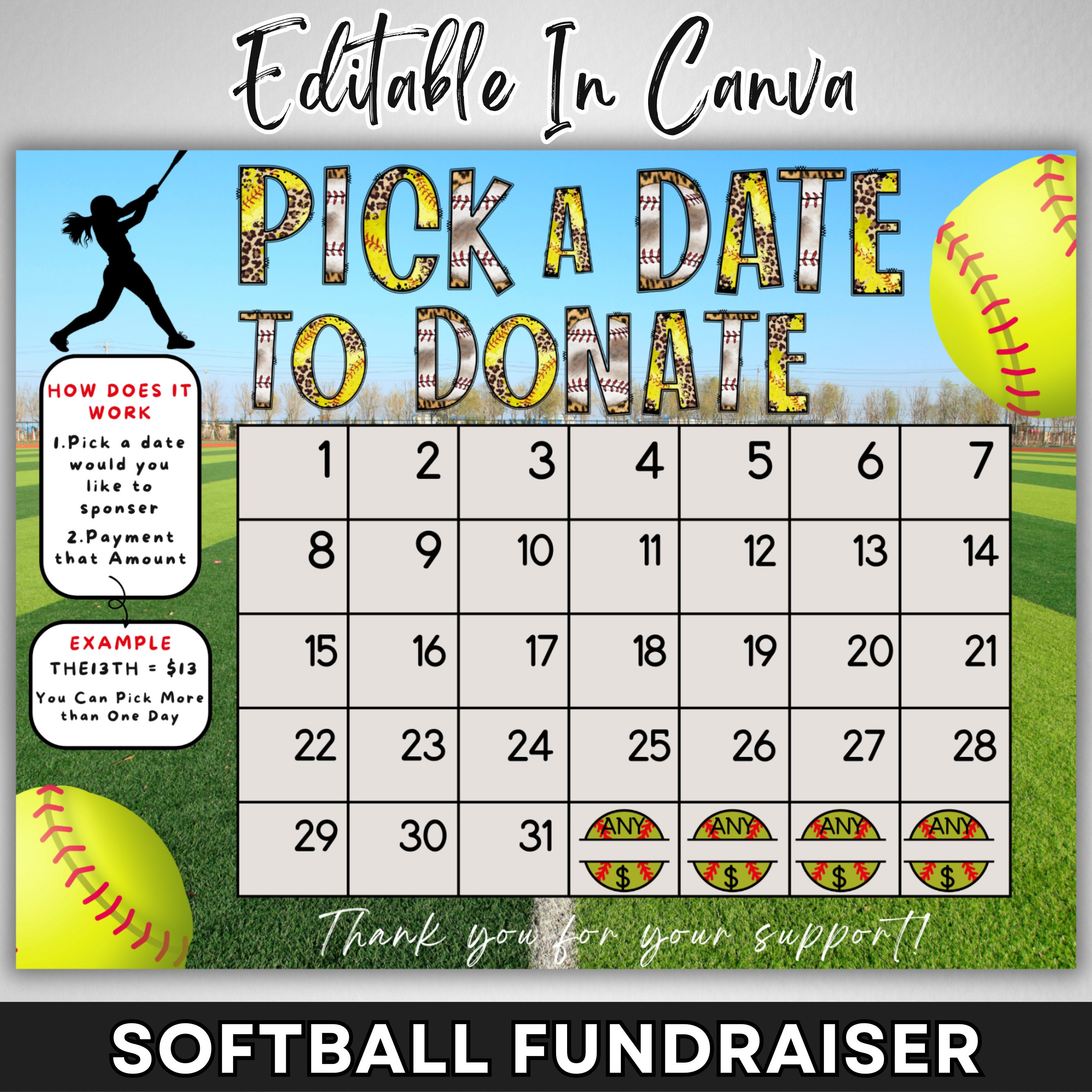 Softball Fundraising Calendar 2025, Pick a Date To Donate Softball Donation Calendar Fundraiser Template,Softball Fundraiser Canva Template
