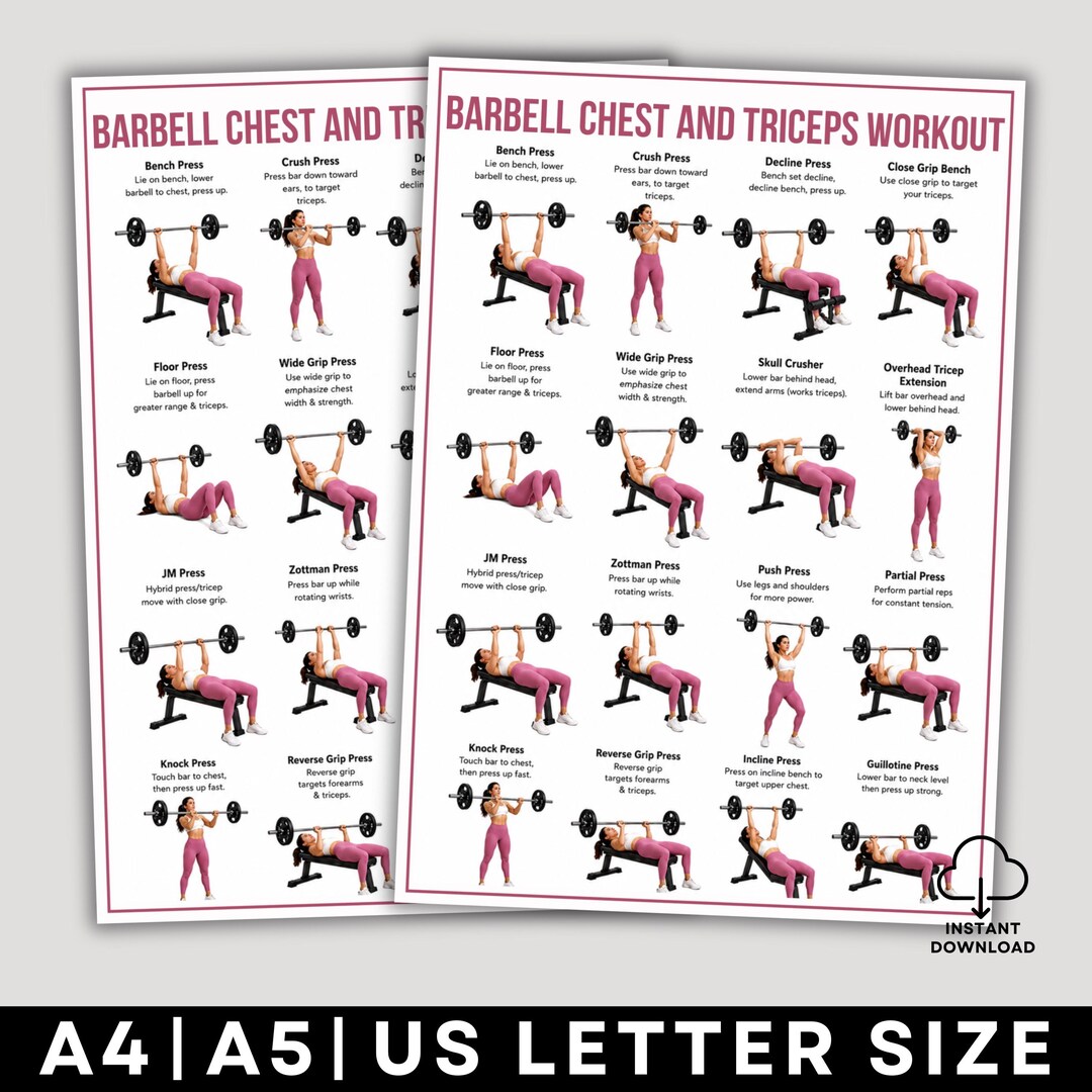 Printable Barbell Chest and Triceps Workout PDF, Gym Upper Body Workout ...