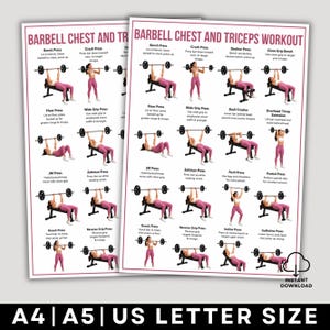 以下が含まれることがあります： BARBELL CHEST AND TRICEPS WORKOUTというタイトルの白い説明用ポスター。ピンクのスポーツウェアを着た人物がベンチや床で様々なバーベルエクササイズを行っているイラストが複数描かれており、それぞれの動作に関する説明文が添えられています。