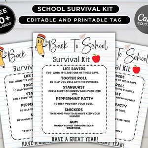 EDITABLE Back To School Survival Kit Gift Tags | Back To School Student Treat Tags | Printable Survival Kit Tags for Students