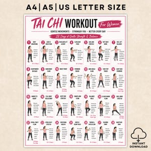 Può includere: Un grafico di esercizi di Tai Chi con 28 passaggi numerati, illustrazioni e istruzioni testuali. L'intestazione recita Tai Chi Workout For Women, 28 Days of Gentle Strength & Balance. Disponibile nei formati A4, A5 e US Letter.