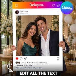 Può includere: Una cornice rettangolare per cabina fotografica a tema Instagram con un bordo superiore sfumato, un'icona del profilo per Sarah Louise e un ritaglio centrale. La sezione inferiore mostra un'icona a cuore rosso e simboli di condivisione.