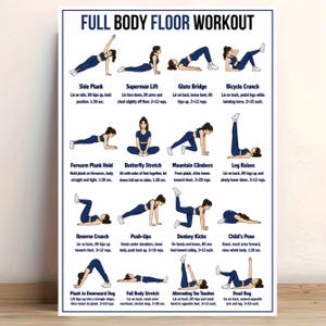Pode incluir: Um cartaz branco intitulado Full Body Floor Workout com ilustrações de exercícios como pranchas laterais, pontes de glúteos e escaladores. Cada exercício mostra uma pessoa com roupa desportiva azul-escura e instruções escritas.