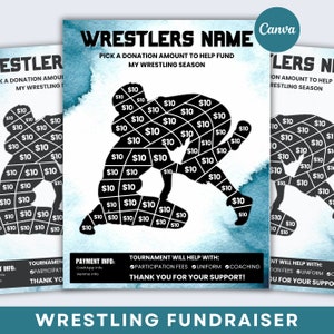 May include: A black and white illustration of two wrestlers in a wrestling match. The wrestlers are divided into squares, each with a $10 donation amount. The text "WRESTLERS NAME" is at the top of the image. The text "PICK A DONATION AMOUNT TO HELP FUND MY WRESTLING SEASON" is below the wrestlers. The text "TOURNAMENT WILL HELP WITH: PARTICIPATION FEES UNIFORM COACHING THANK YOU FOR YOUR SUPPORT!" is at the bottom of the image.
