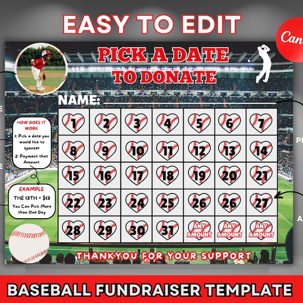 Editable and PRINTABLE Baseball Calendar Fundraiser, pick a date to donate, sports fundraiser calendar