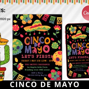 Puede incluir: Una invitación colorida para una fiesta de Cinco de Mayo. La invitación presenta un fondo negro con flores coloridas, un sombrero y una calavera. El texto de la invitación dice "Cinco de Mayo Let's Fiesta" e incluye la fecha, la hora y la ubicación del evento.