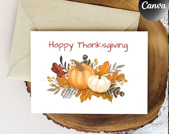 Tarjeta feliz de Acción de Gracias, Plantillas imprimibles de Acción de Gracias, Tarjeta creativa de Acción de Gracias, Tarjeta de hojas de otoño y calabaza, Tarjeta de felicitación de estaciones