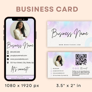 May include: A business card template with a purple and blue watercolor background. The card features a headshot of a woman, contact information, and a QR code. The text on the card reads "Business Name" and "Let's Connect!" The card is 3.5 inches by 2 inches.