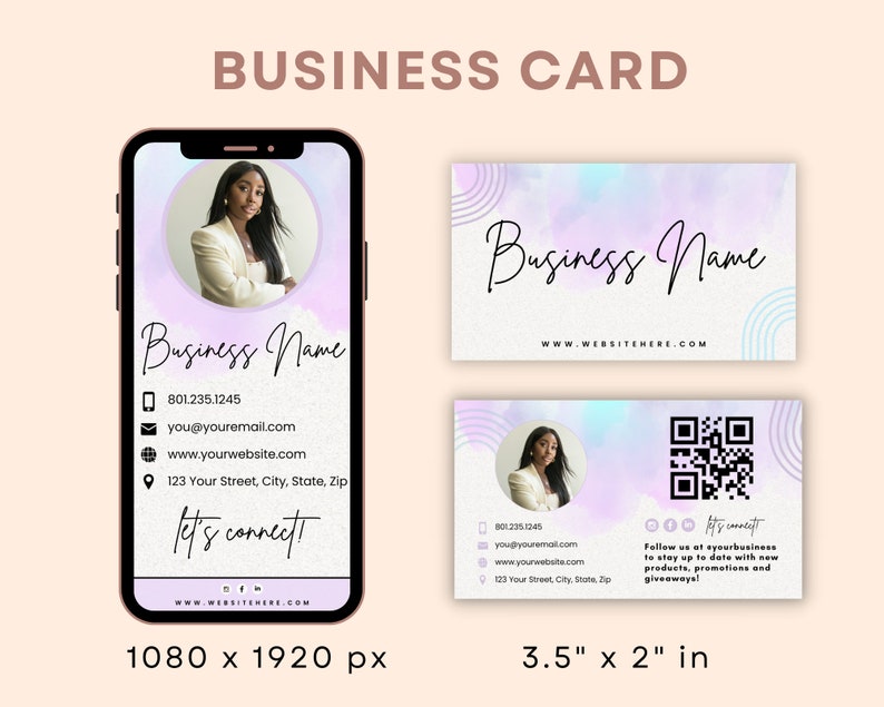 May include: A business card template with a purple and blue watercolor background. The card features a headshot of a woman, contact information, and a QR code. The text on the card reads "Business Name" and "Let's Connect!" The card is 3.5 inches by 2 inches.