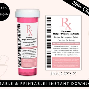 Hangover/Recovery RX Pill Bottle, Hangover Relief Bottle, Bachelorette Party Favor, Hangover Glam Kit, Girls’ Night, Canva Editable